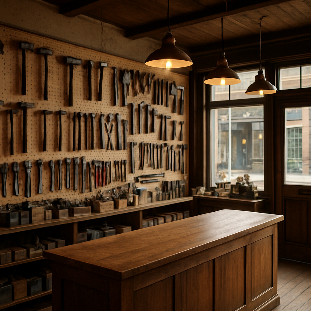 Inside Abbotsford Tools — pegboard walls lined with hand tools and warm lighting