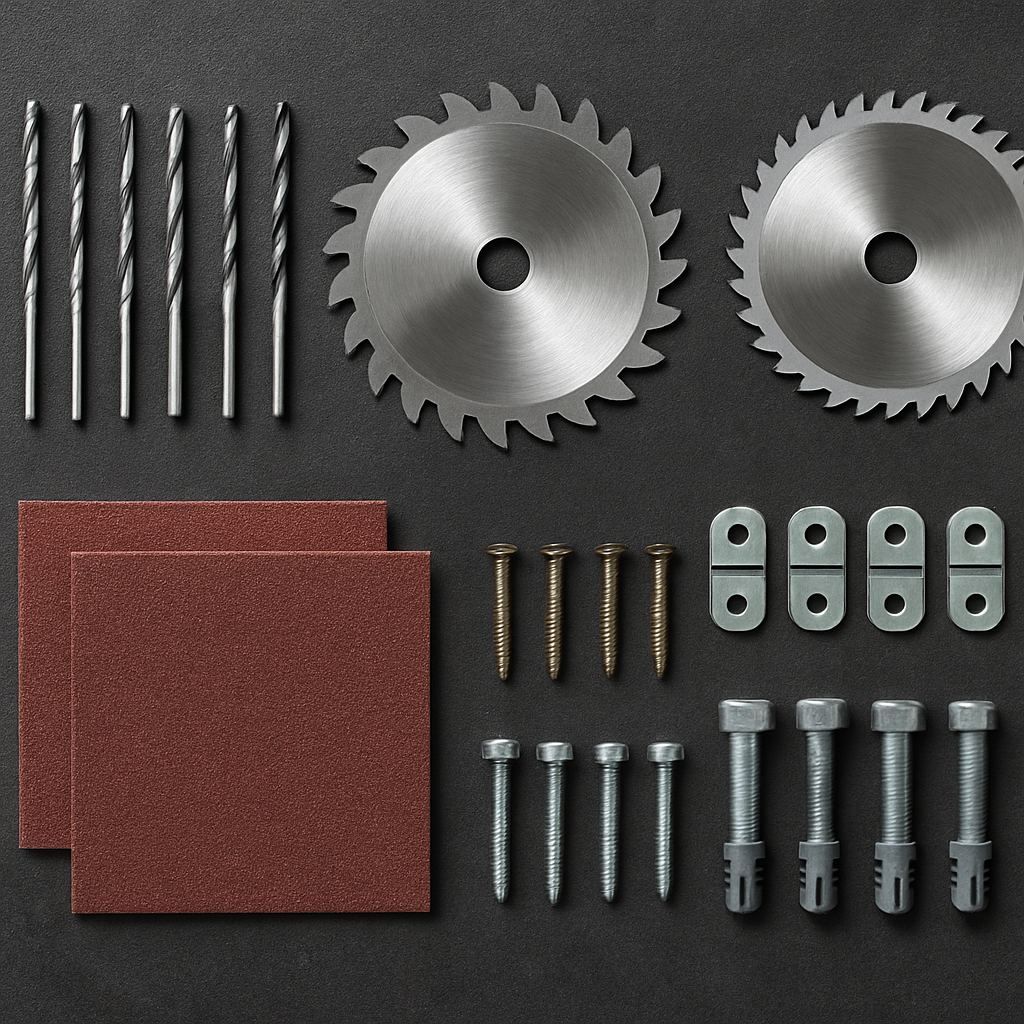Workshop accessories — drill bits, saw blades and fasteners on a dark surface