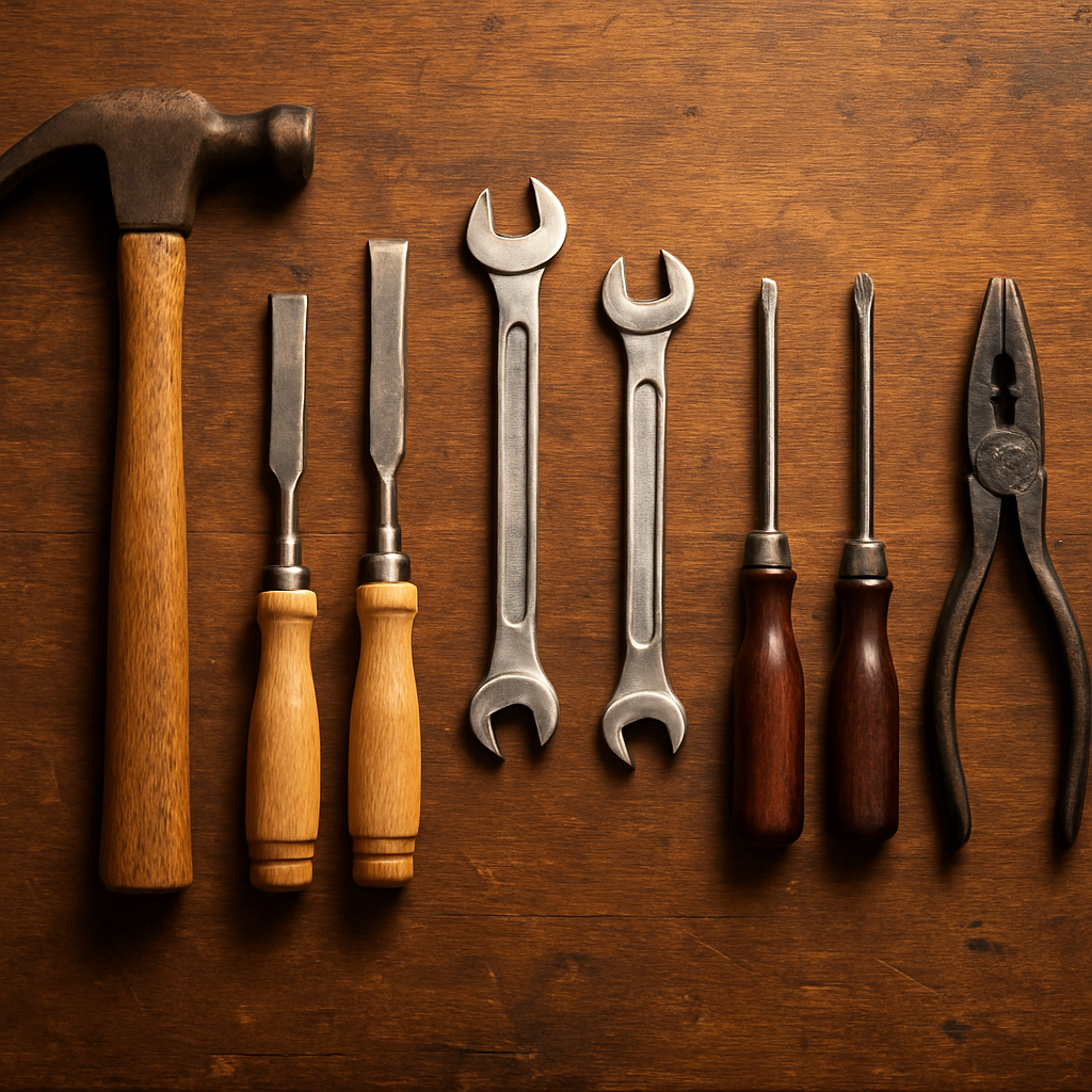 Hand tools flatlay — hammers, chisels, spanners and screwdrivers on a timber workbench