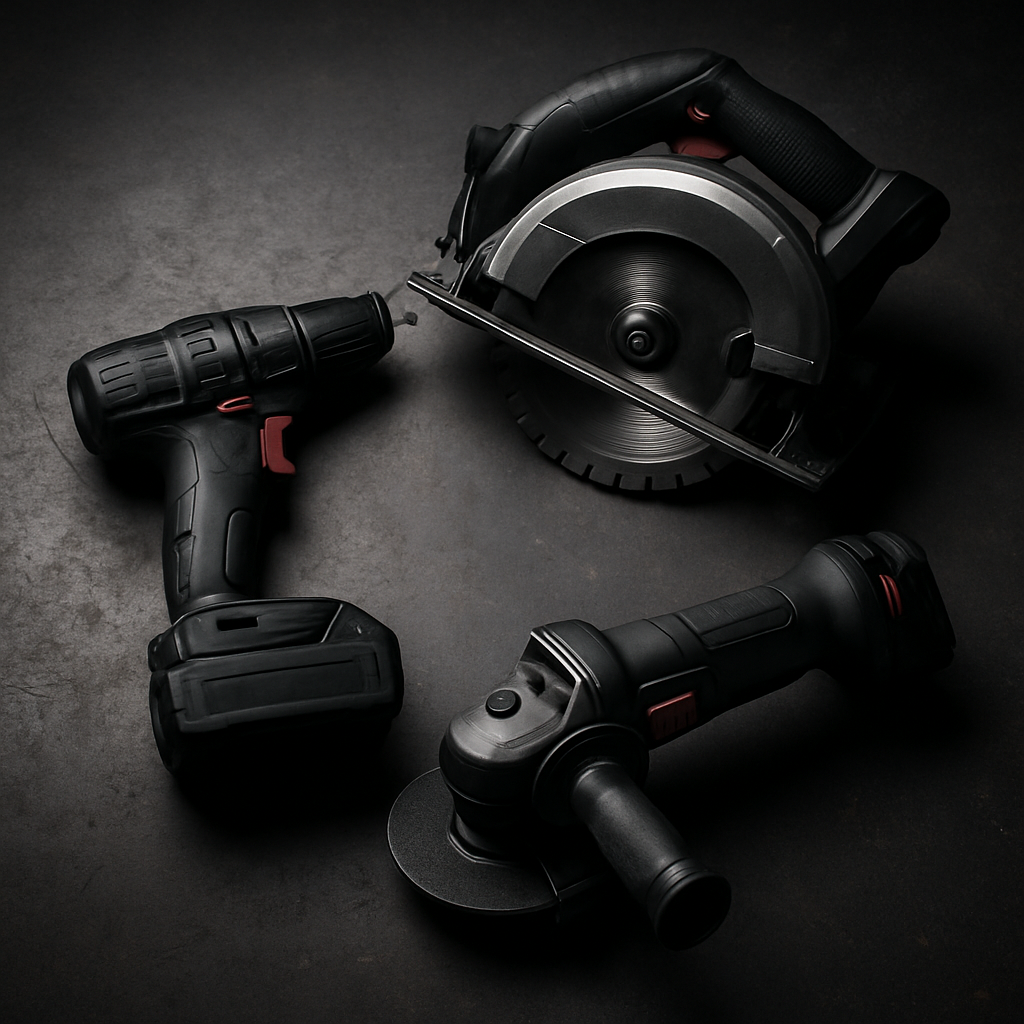 Professional power tools — cordless drill, circular saw and angle grinder