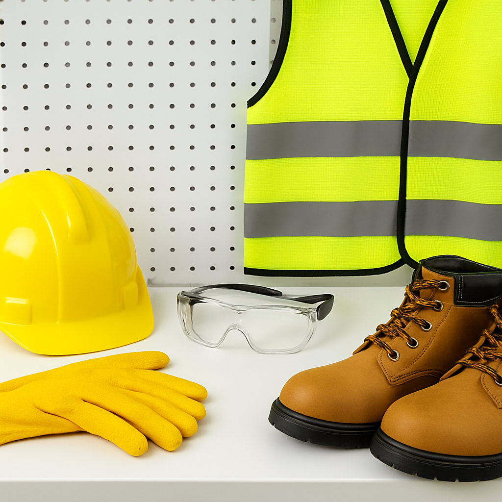 Safety products — hard hat, gloves, protective goggles and hi-vis vest