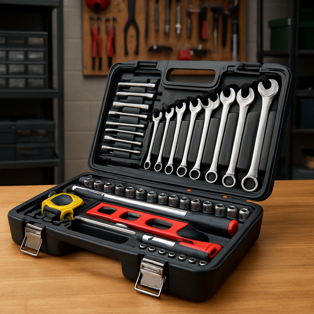 Open toolbox with professional trade tools including socket sets and measuring tape